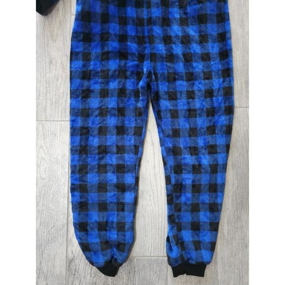 Women's Giggling Getup One Piece Pajamas Hooded Buffalo Plaid Blue Size Medium - Picture 7 of 8